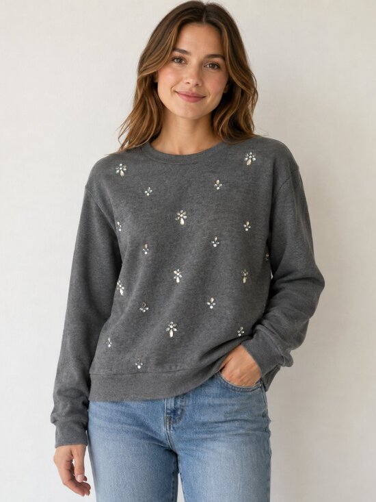 J. Crew Sweaters - J.Crew Gray Jeweled Embellished Crewneck Sweatshirt Size L